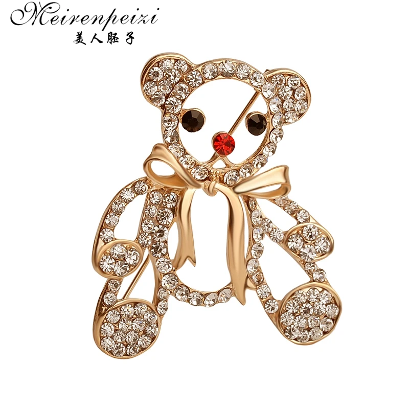 Christmas Gift Teddy Bear Brooch Pin Garment Accessories Wedding Bridal Full Rhinestone Animal Hollow Bear Bow Tie Brooches Pins