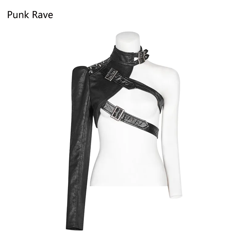 

Punk Rave One-arm Rivet Short Sexy Coat Jacket Soldier Black Gothic Cosplay Performance Clothing WY952