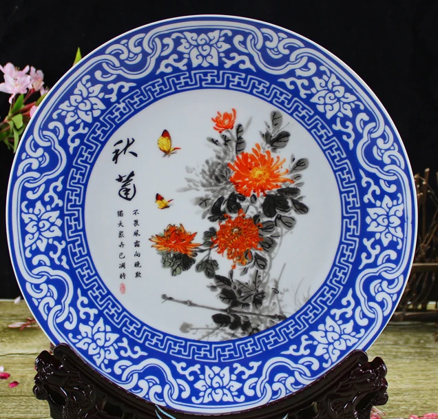 Exquisite Chinese Handmade Ornament Blue and White Porcelain Plate, Painted with Colorful Chrysanthemum