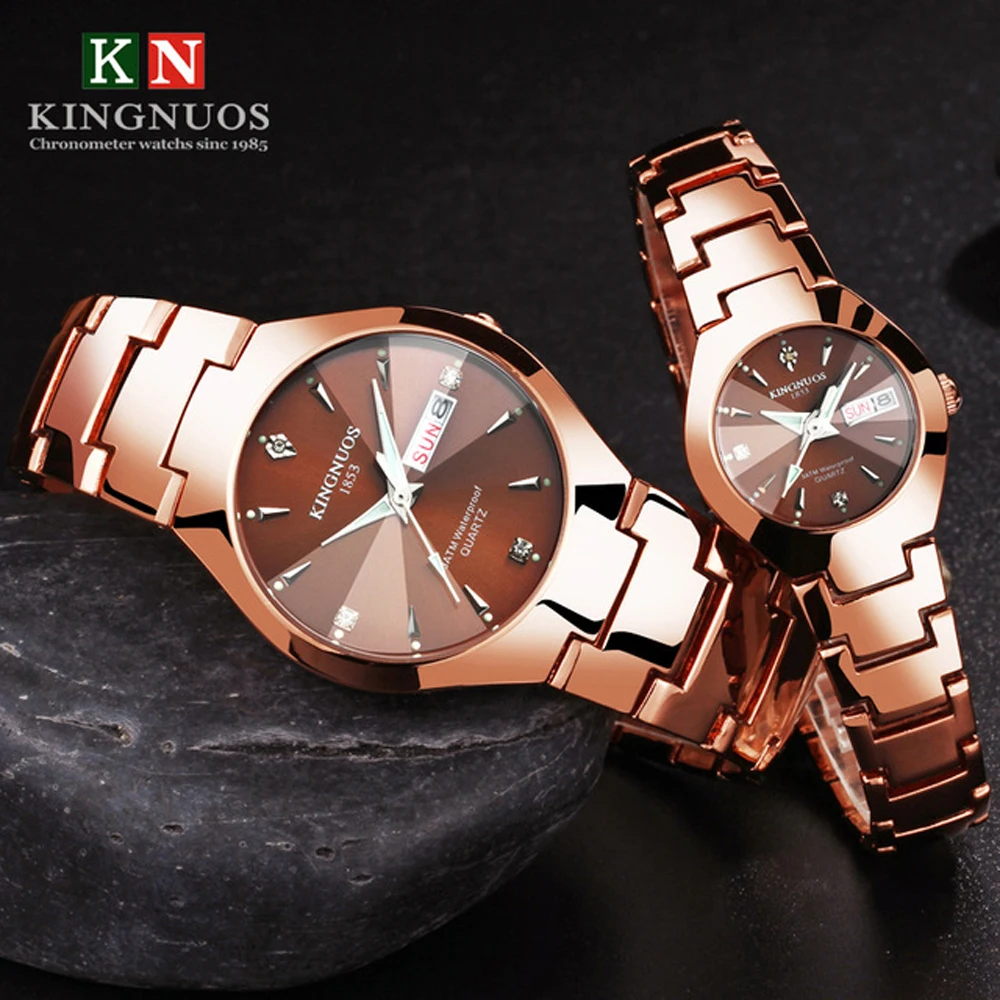 Kingnuos-Reloj de pulsera de cuarzo para hombre y mujer, cronógrafo luminoso con indicador de fecha y semana, marca de calidad, par de horas