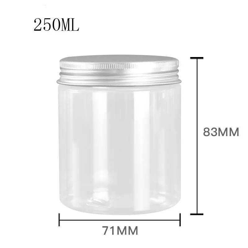 

Transparent Cosmetic Container Plastic PET 68Dia Maskup Jars 100g 120g 150g 200g 250g 300g Aluminum Lid Empty Facial Cream Pot