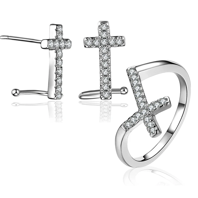 Fashio  Silver Needle Stud Earrings Ring Set For Women Party Jewelry Accessory Cubic Zirconia Cross Ring Earring Sets