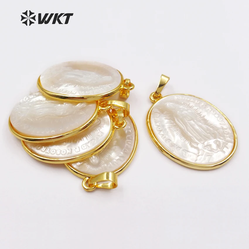 

WT-P1353 New Arrival White Shell Virgin Mary Pattern Oval Shape Pendants Metal Electroplated Women Jewelry Accessories