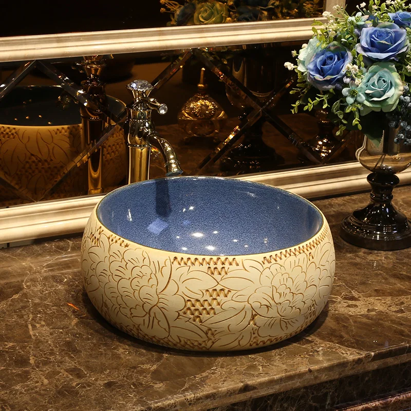 

Round shape Europe style china washbasin sink Jingdezhen Art Counter Top ceramic bathroom sink bathroom china wash basins