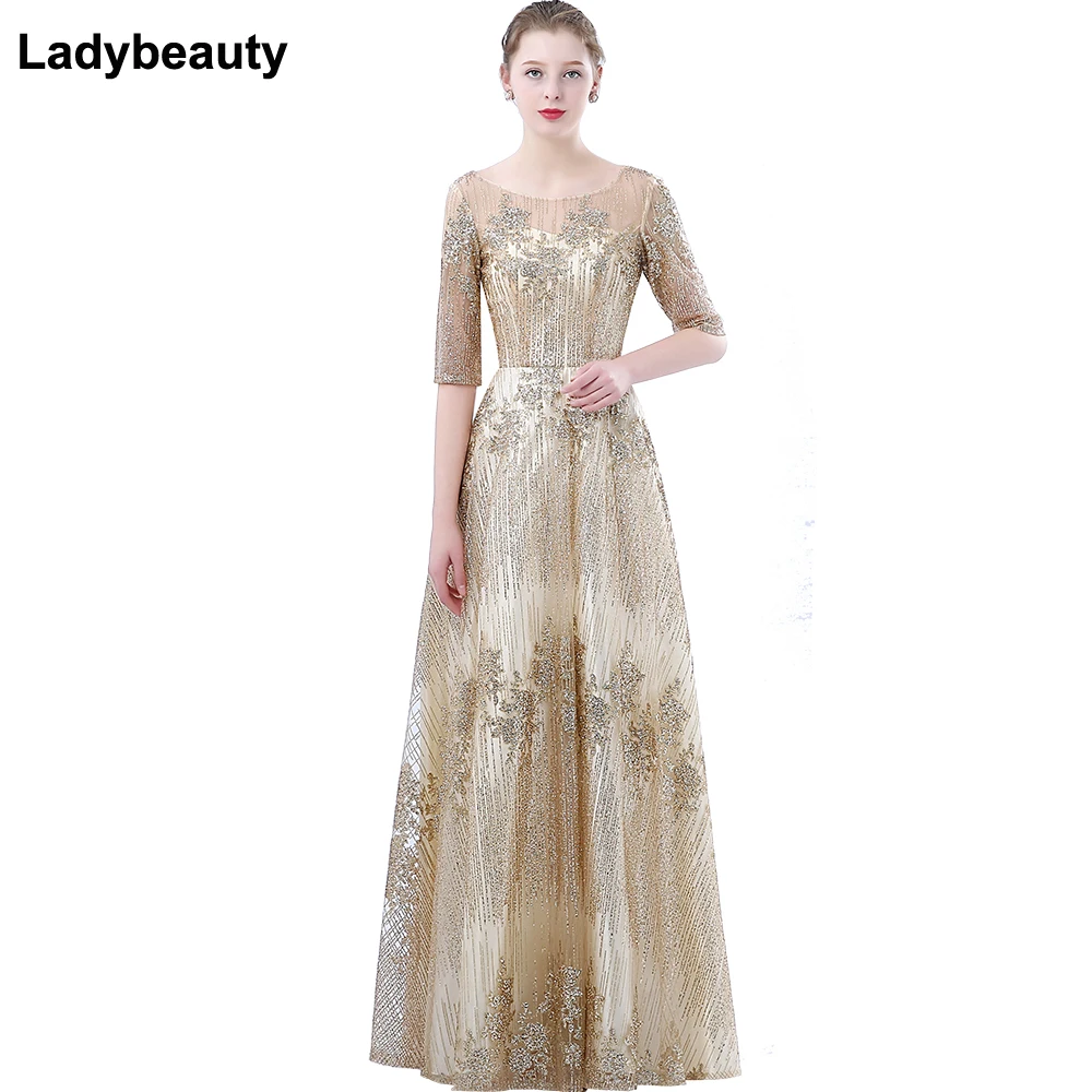 Ladybeauty Nieuwe De Banket Avondjurk Eenvoudige Elegante Champagne Half Mouwen vloer-lengte Formele Party Gown Robe De Soiree