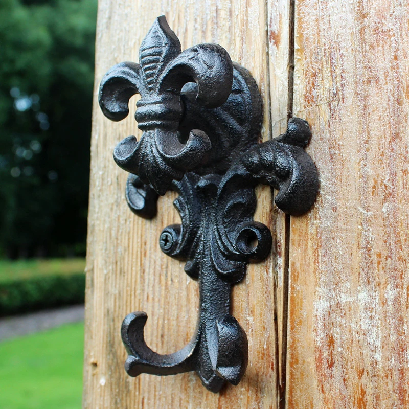 Antique Black Fleur De Lis Design Cast Iron Wall Hook With Two Hangers European Industrial Accents Home Garden Wall Decor Hook