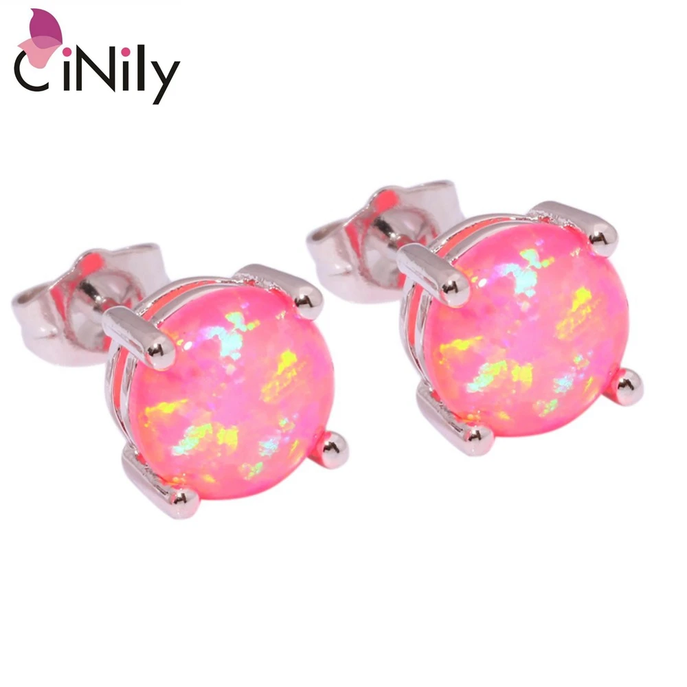 CiNily Created Pink Fire Opal Earrings Silver Plated Wholesale Hot Sell Wedding Party for Women Jewelry Stud Earrings 8mm OH1430