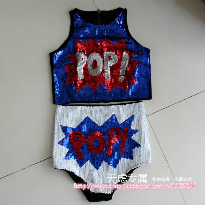 sexy women hip-hop club dance sing costume sequined POP 2 piece set, crop tops vest tank with hot shorts suits