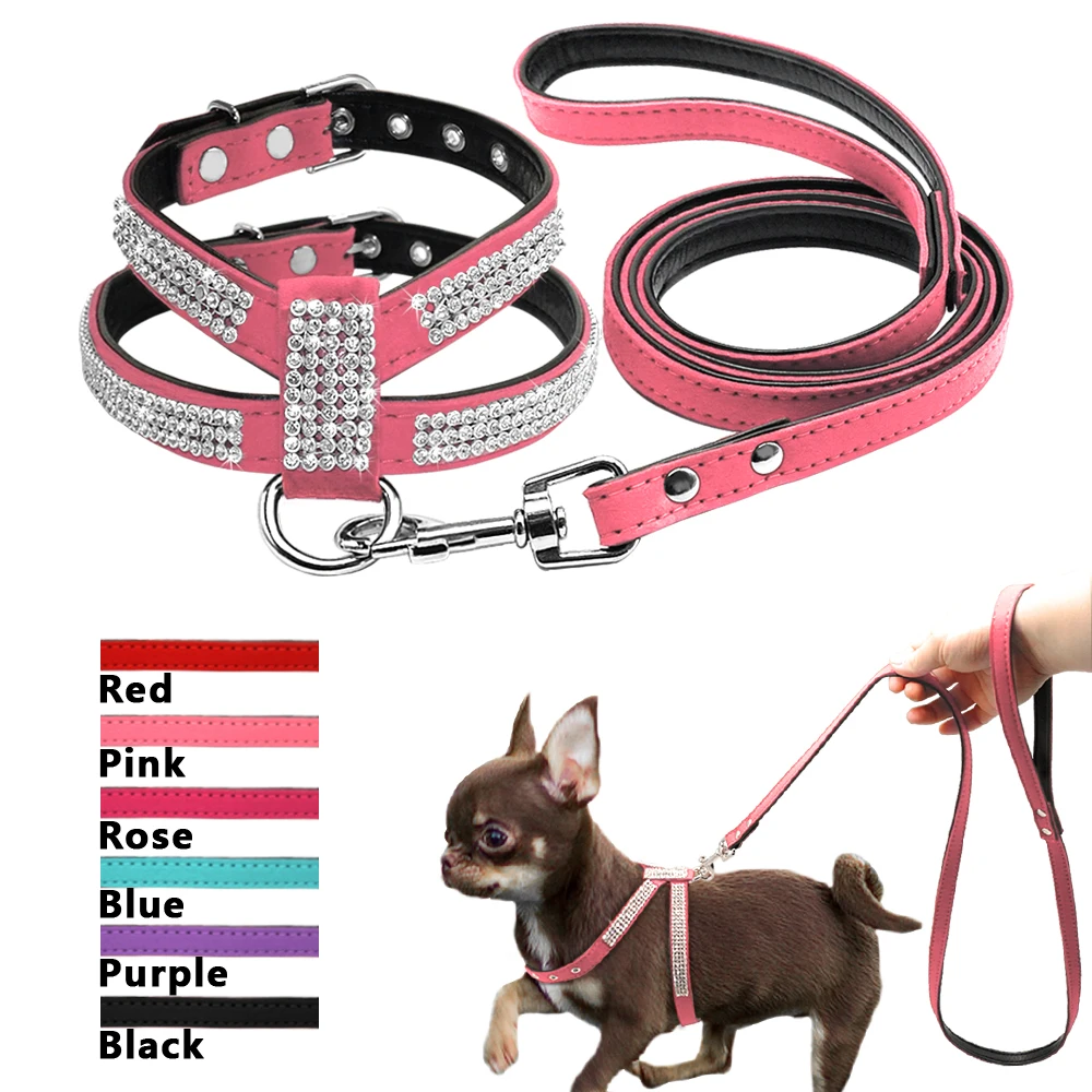 

Didog Small Dog Harness And Leash set Suede Leather Rhinestone Pet Harnesses and Walking Leads For Small Medium Dogs Chihuahua