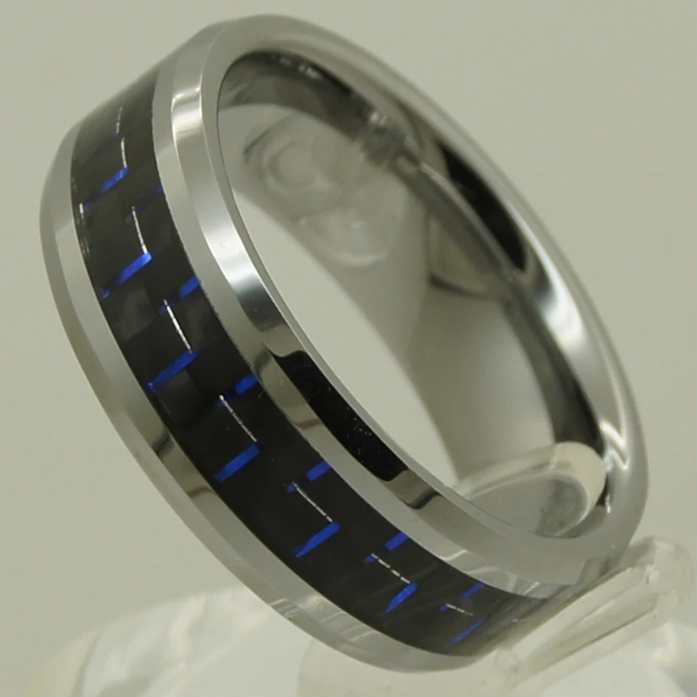 8mm black & blue  fiber inlayed small bevel men/women hi-tech scratch proof wedding tungsten ring