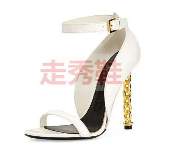 Gold metal fretwork heels black/brown leather women sexy pumps peep toe cut-outs high heels summer sandal DFS149