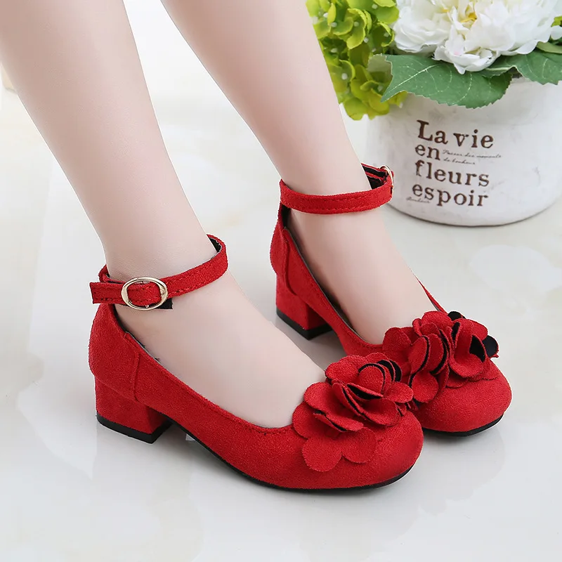 

Princess High-Heeled Suede Leather Shoes Fashion Flower Girls Shoes For Party Wedding Kids Dress shoes 4 5 6 7 8 9 10 11 12 Year