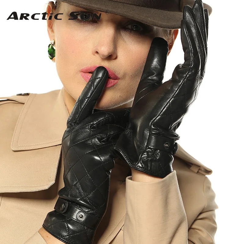 Women Touchscreen Leather Gloves Diamond Winter Fashion Black Genuine Goatskin Driving Glove Plus Warm Velvet L121NC2