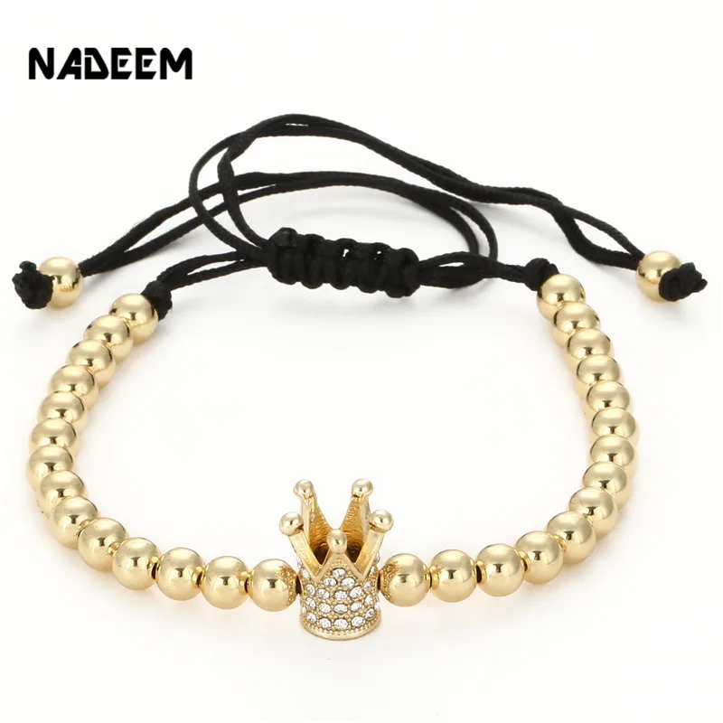 Fashion Men's Gold Color Imperial Micro Pave Crystal Crown Charm Bracelet Anil Arjandas Braiding Weave Bead Macrame Bracelet