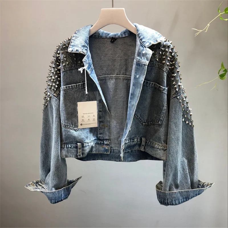 Imagem -03 - Jaqueta Jeans de Manga Comprida Feminina com Rebite Outwear Curto Solto Streetwear Feminino Bolsos Primavera Outono 2023