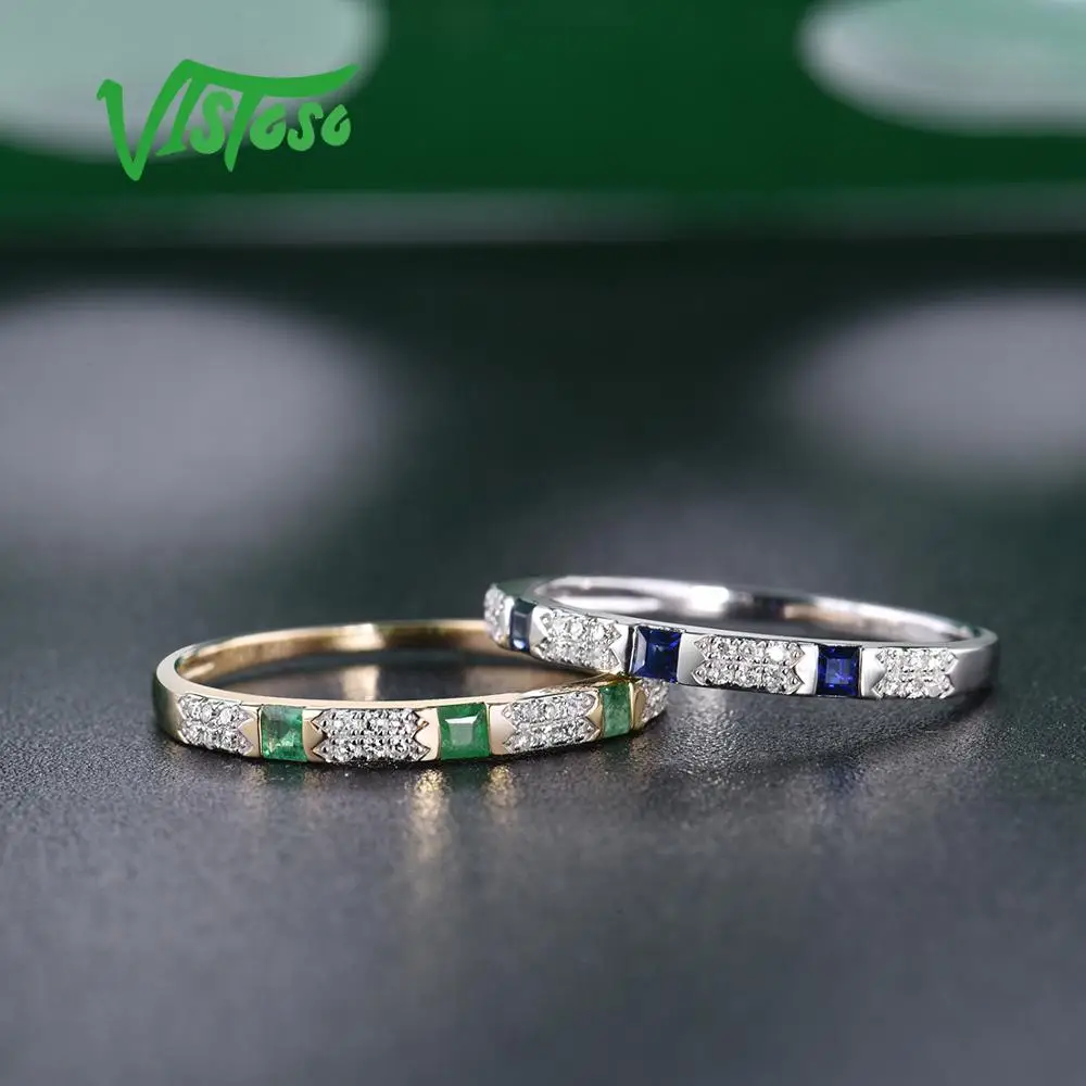 VISTOSO 14K Y/W Gold Rings For Women Genuine Shiny Diamond Fancy Blue Sapphire Emerald Engagement Anniversary Chic Fine Jewelry