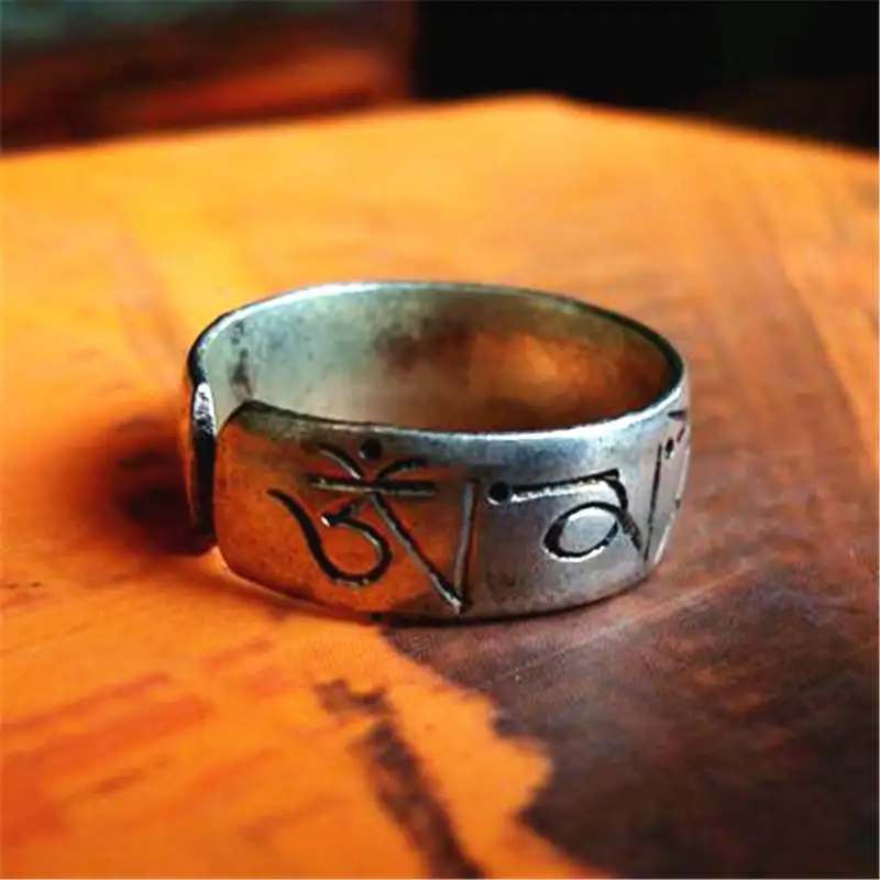 R048 Tibetan Mantras Amulet Ring OM MANI PADME HUM Copper Open Rings for Man