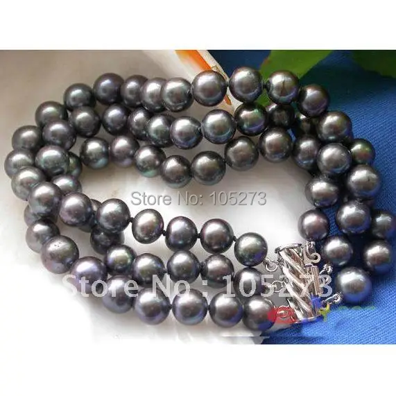 

3Rows AA 8-9MM Black Color Round Shaper Freshwater Cultured Pearl Bracelet Fashion Style Women's Jewelry Free Shipping FN1955
