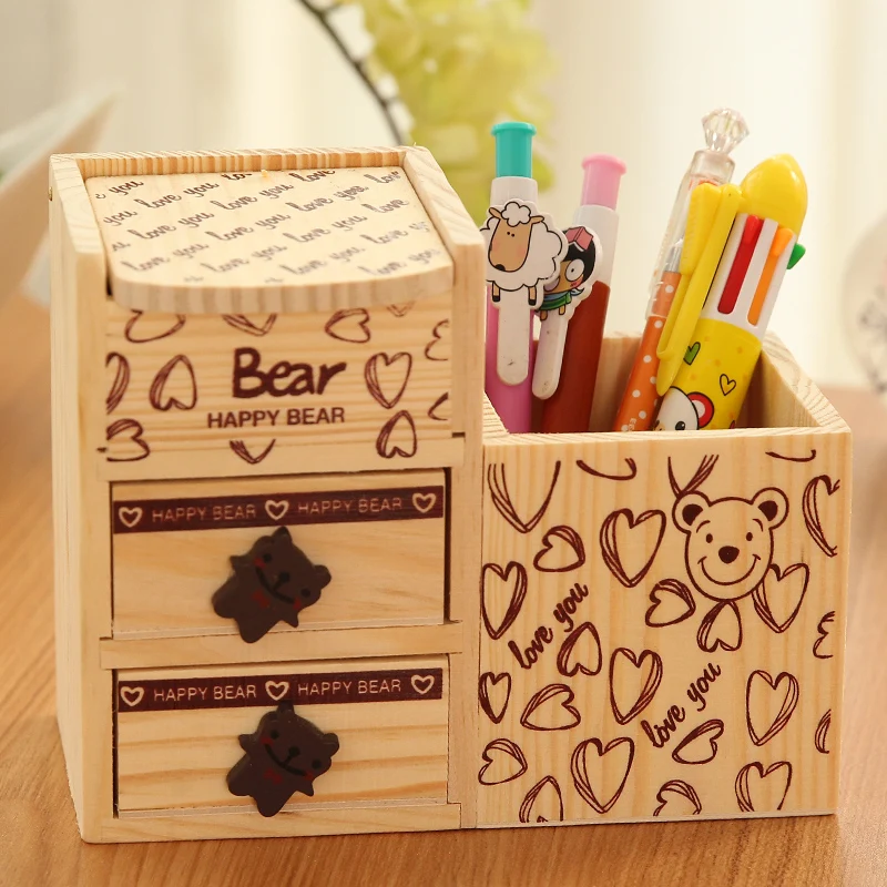 1 PC/Lot Kawaii Wooden Double-Layer Little-Bear Pen Holder for School Stationery & Office, BT00003