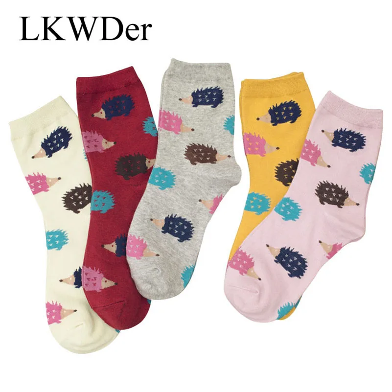 

LKWDer 5 Pairs Women's Socks Funny Happy Cartoon Hedgehog Pattern Socks Women Combed Cotton High Quality Sock Calcetines Mujer