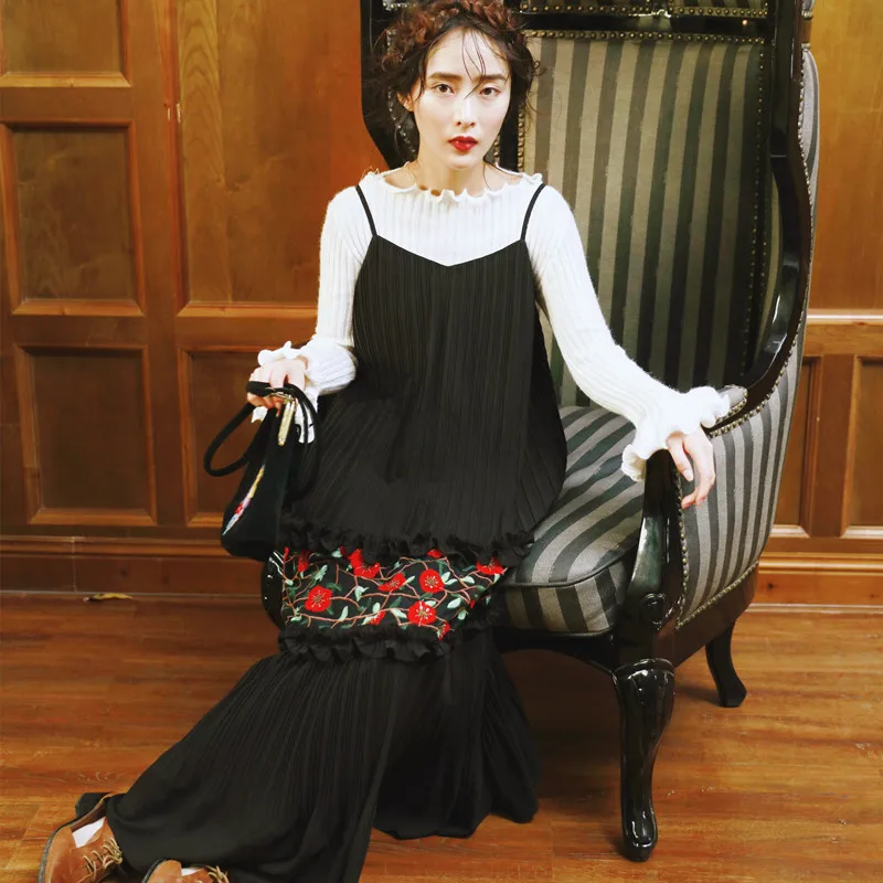 

LYNETTE'S CHINOISERIE Autumn Women Embroidery safetying beading toothpick big a elegant black one-piece dress suspender dress