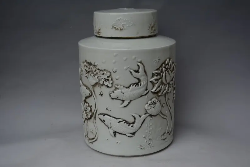 Antique QingDynasty porcelain jar,white glaze ,Carved fish & lotus,Hand-painted crafts,Collection&Adornment