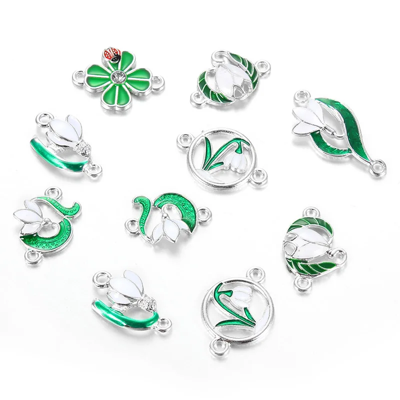 10PCS Mixed Style Enamel Green Plant Flower Leaf Charms Connector For Women Girls DIY Necklace Bracelet Jewelry Accessories