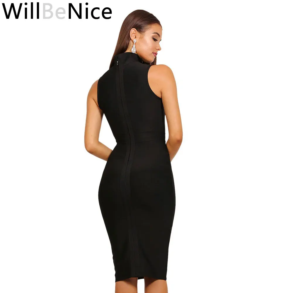 

WillBeNice Black High Neck Knee Length Sleeveless Tank New Fashion 2019 Sexy Women Club Bandage Dress Bodycon Dress Women Casual