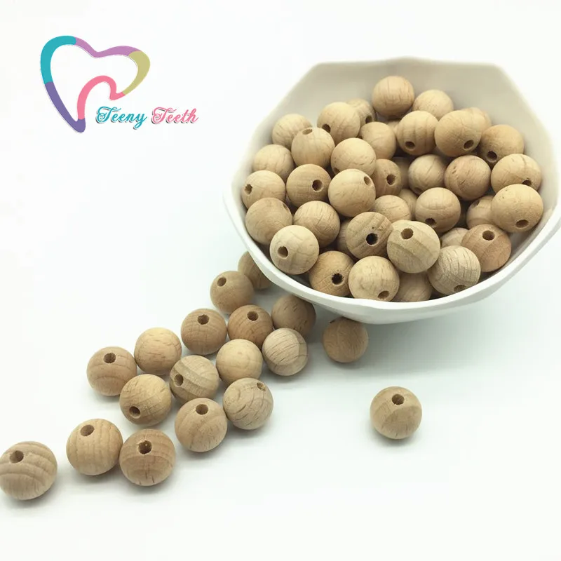 Teeny Teeth 200PCS Beech Wooden Beads Round 12 MM Unfinished DIY Necklace Bracelet Baby Teething Shower Gift Wood Teething Beads