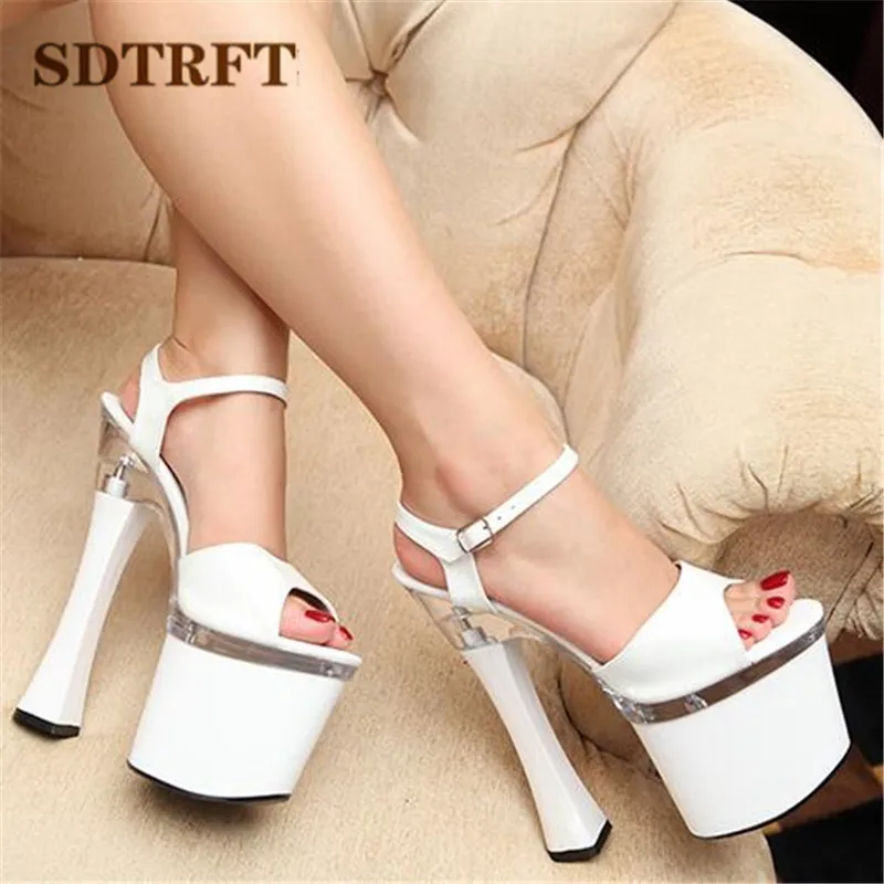 CDTS Plus:34-44 Summer Crossdresser sexy high-heeled ladies 20cm thick heel crystal platform Buckle sandals SM shoes woman pumps