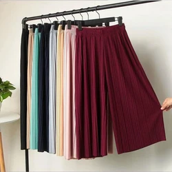 Calça de pernas largas plissadas para mulheres, calça casual solta, cintura elástica, chiffon plissado alto, dote feminino, preto, verão e primavera