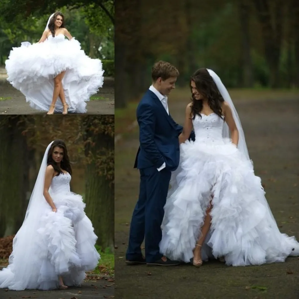 Sweetheart księżniczka aplikacja z koronki wysokie niskie suknie ślubne Ruffles Organza elegancki biały suknia ślubna vestido de noiva