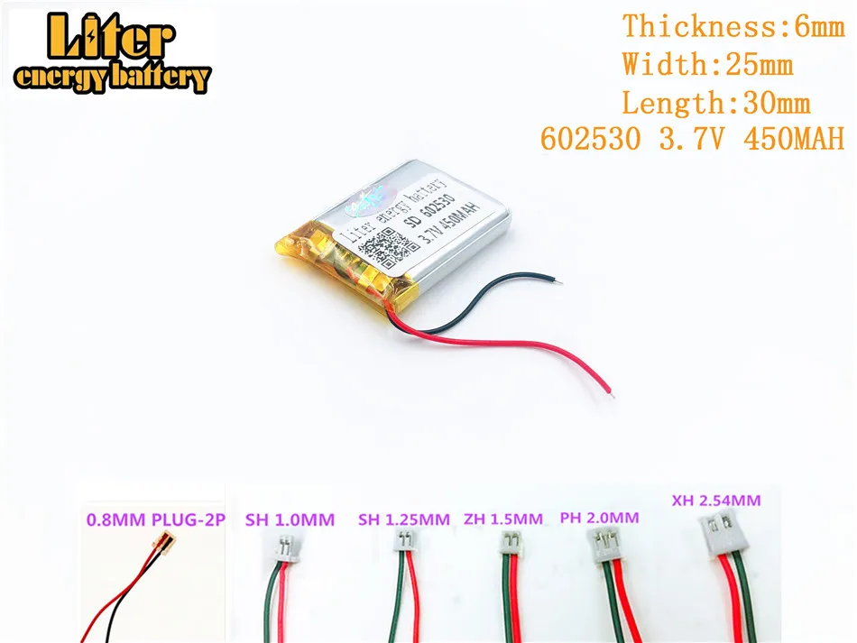 Liter energy battery 3.7V 450mAh 602530 plug Lithium Polymer Rechargeable Battery For MP3 MP4 MP5 Lithium polymer battery
