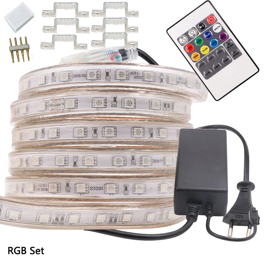 

5050 RGB LED Strip Light 220V 110V AC Ribbon LED Waterproof Outdoor Tira Flexible RGB Neon Flex Strip 1m 5m 10m 50m 100m Kit