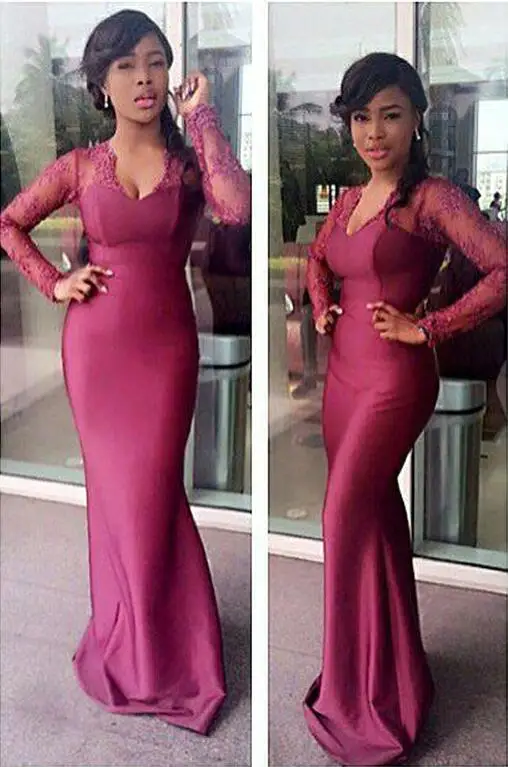 Sexy V-neck Mermaid Bridesmaid Dresses Burgundy Lace Appliques African Bridal Prom Dress Party Gowns Maid Of Honor Dress