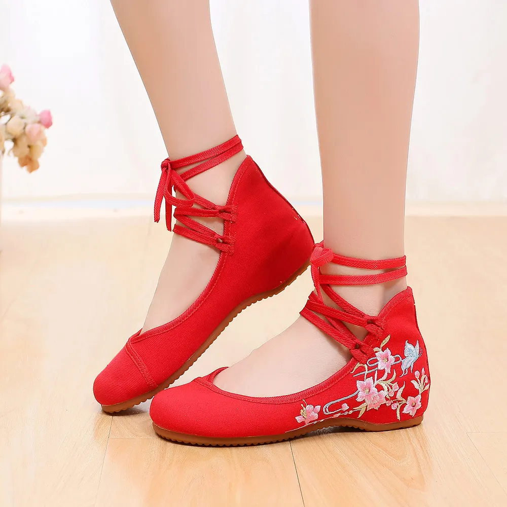 Veowalk Ankle Strap Women Canvas Embroidered Ballet Flats Ladies Comfortable Cotton Dance Ballerinas Vegan Muslem Shoes