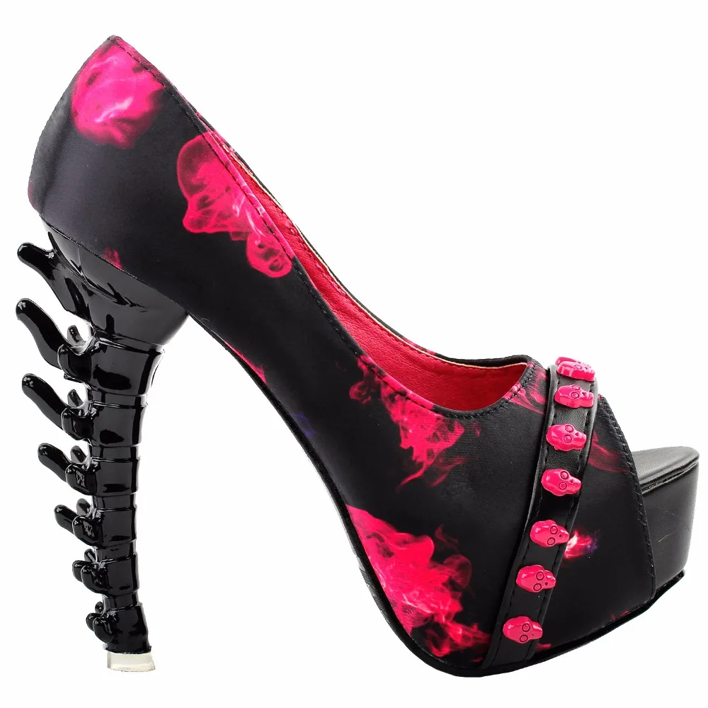 LF80654 Sex Punk Black Hot Pink Skull Head Band Peeptoe Platform Bone Heel Club 5\