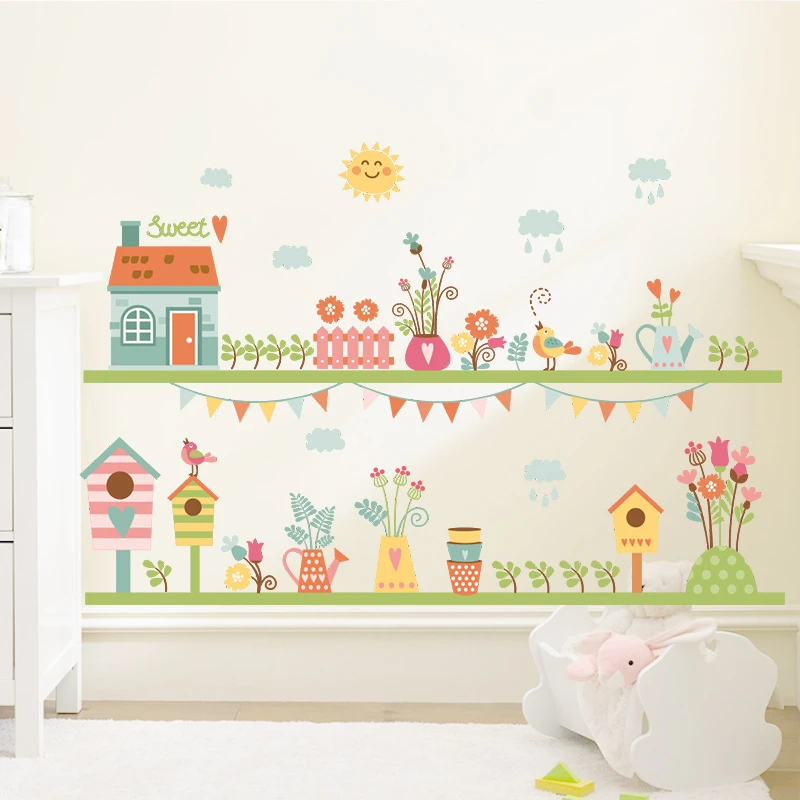 Pastoral Flowers Grass Fence With Butterfly Wall Stickers Pvc Decals Mural Art For Office Shop Bedroom Baseboard Home Decoration