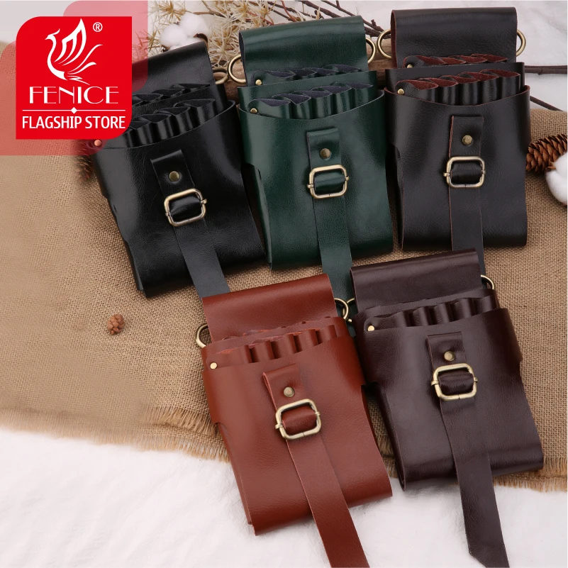 

Fenice Genuine Leather Buckle Punk Case Hairdressing Barber Salon Holster Pouch Styling Tools Pet Hair 9pcs Scissors Bag