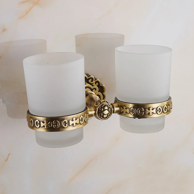 Cup & Tumbler Holders Glass Cup Brass Antique Toothbrush Cup Holder Set Luxury Bathroom Accessories Wall Tumbler Holders 10703F