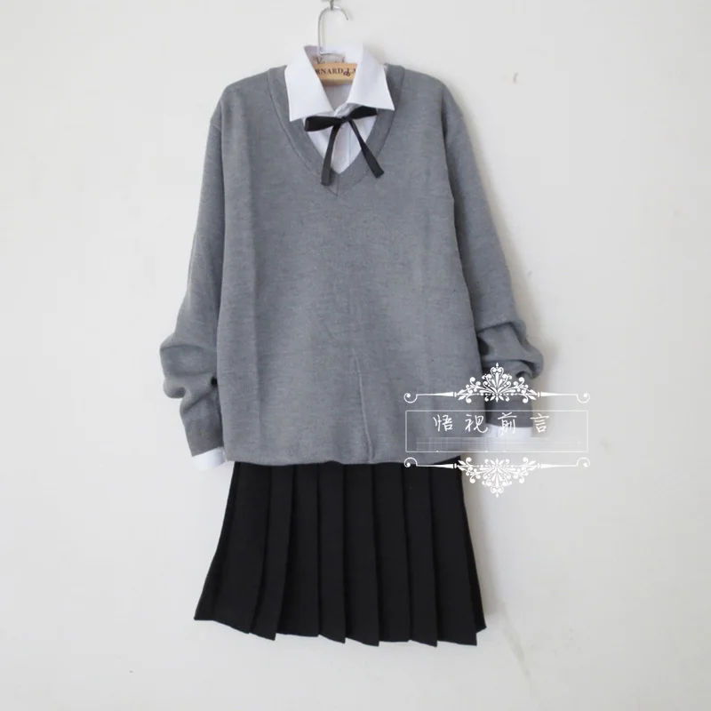 Japanese school uniform suit set Gray pullover sweater + solid white long sleeve shirt + Pure Black Pleated skirt