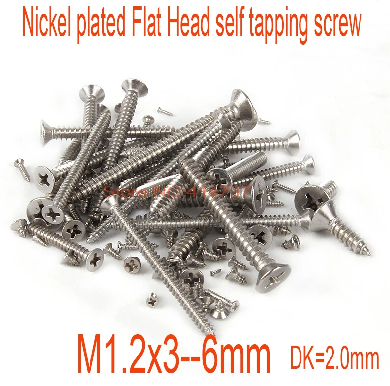 1000Pcs/Lot M1.2 nickel plated or steel with black Flat Head micro electronic phillips self tapping screw Length 3--6mm Dk=2.0mm