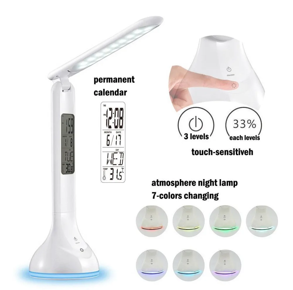 Led Desk Lamp Table Light Foldable Dimmable with Calendar Temperature Alarm Clock Atmosphere Colors Changing Book Light