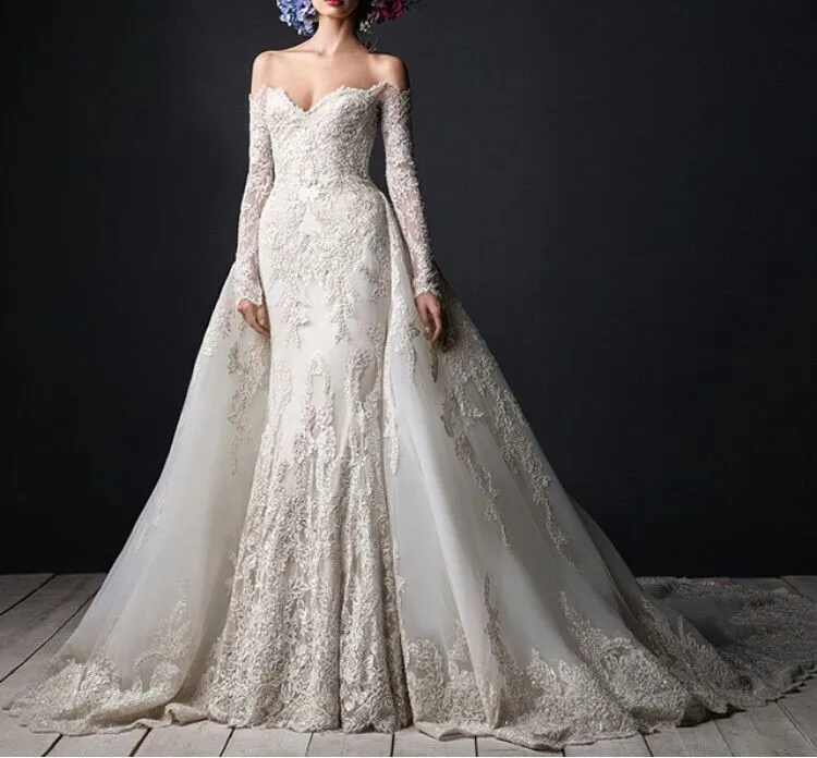 Luxury Lace wedding gowns Long Sleeve Detachable Train Bridal Dresses Floor length Vestido De Noiva Robe De Mariage