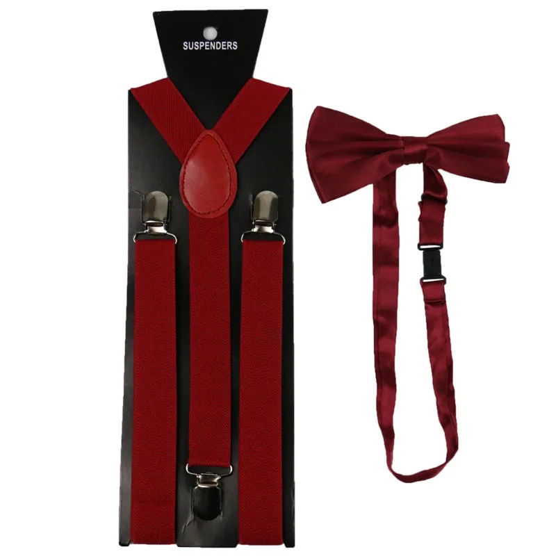 High Quality 2.5cm Wide Wine  Red Womens Suspenders Bow Tie Set Solid Elastic Suspenders And Bowtie Shirt Braces