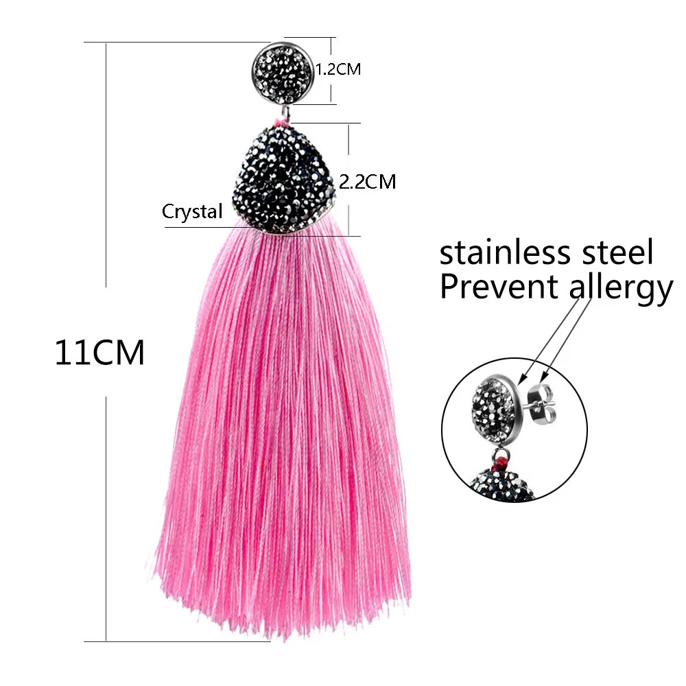 Vintage Bohemian Crystal Long Silk Tassel Earring Women Rhinestone Charm Stainless Steel Dangle Drop Earrings Boho Jewelry