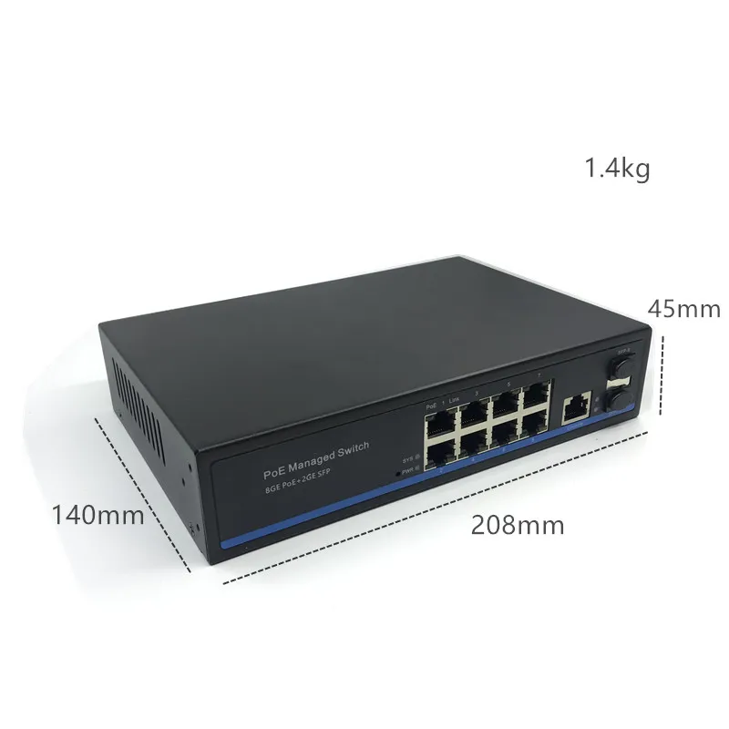 Conmutador Ethernet PoE de 8 puertos, conmutador gestionado con 2 ranuras Gigabit SFP IGMP, gestión VLAN, 10/100/1000Mbps