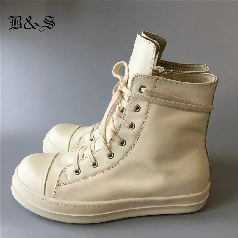 

Black& Street Full white Real Leather Main sewing Line Lace Up Flats trainer men and women causal Boots genuine leather shoes