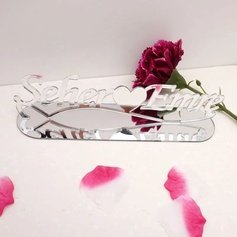 Personalized Name Mirror TableShow With Stand Plate Custom Acrylic Wedding Table Decor Love Heart Party Favors Bride Gifts Wave