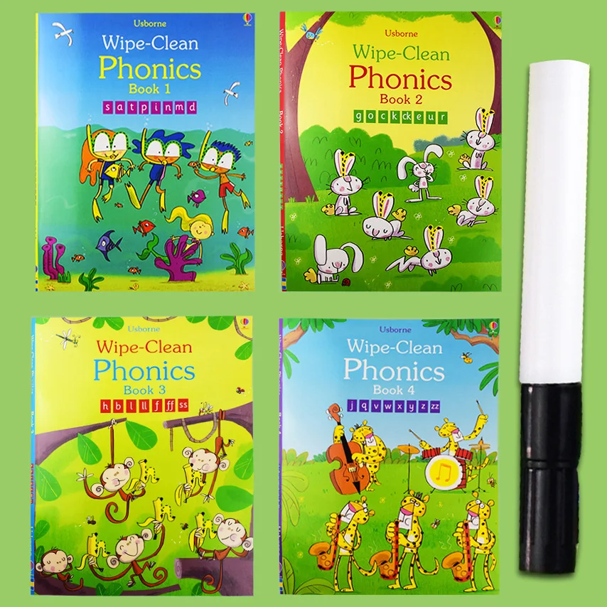 4 Books/Set Wipe Clean Phonics Book 1-4 Natural Spelling Erasable Book Children Kids English Picture Book